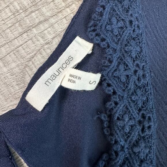 Maurices Navy Romper WMNS S Lace Trim Flutter Sleeve Stretchy V-Neck Keyhole - Picture 8 of 10